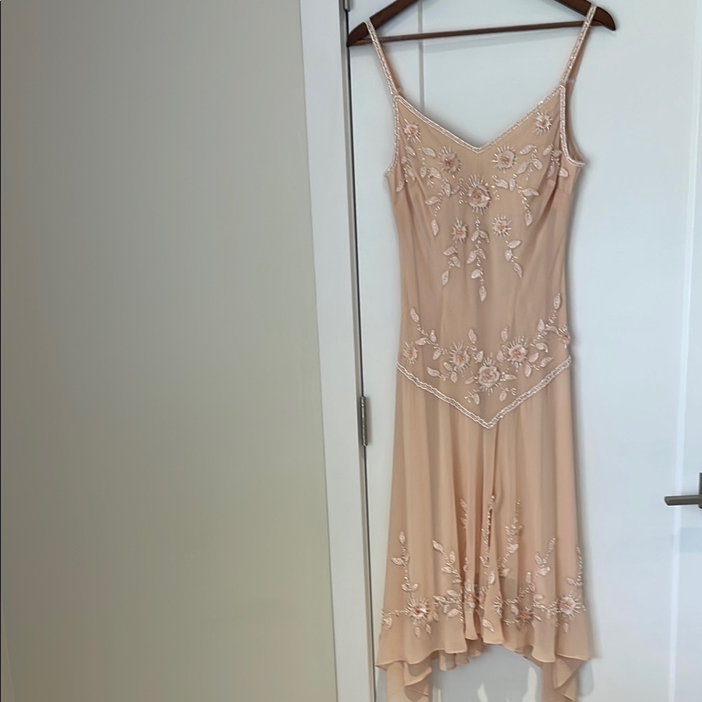R & M Richards Cream Asymmetrical Embellished Sundress